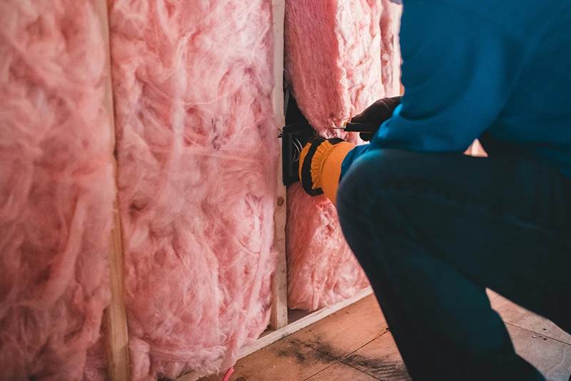 Worker installing insulation inside a wall during building insulation work